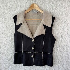 Faux Suede Shearling Lined Vest Black Tan Womens Size M USA Y2K Layering Cabin